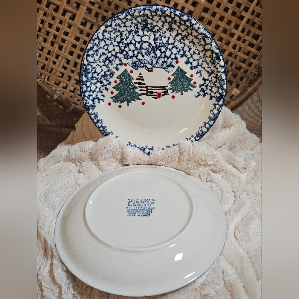 ONE Folk Craft Cabin in the Snow by Tienshan 10.5" Dinner Plate Sponge Ware - Picture 7 of 9